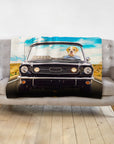 Personalized pet blanket with a Doggovinci portrait of a bulldog driving a classic black car.