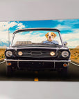 Custom pet canvas: a bulldog in a black convertible Mustang on a desert road.