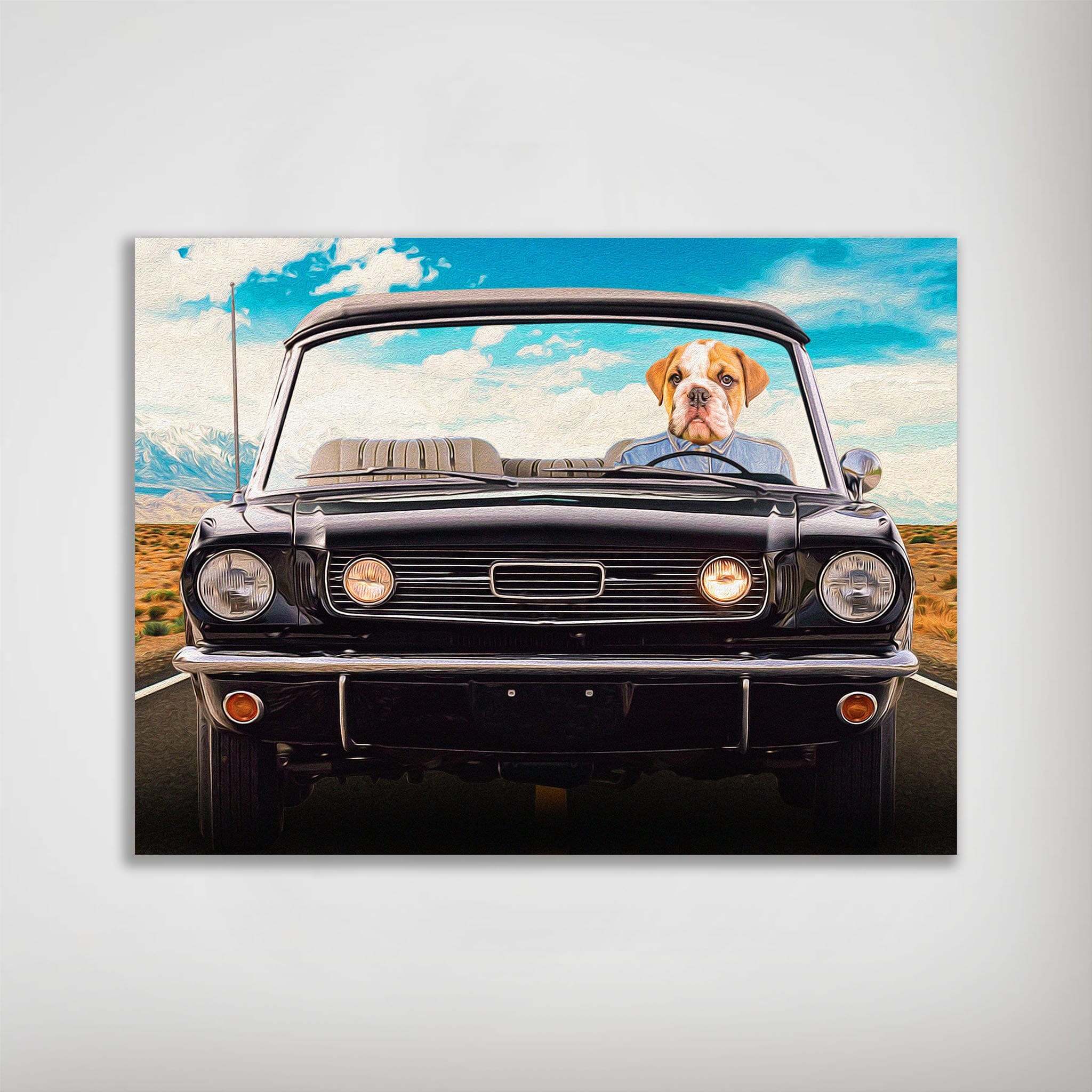 Personalized pet poster featuring a bulldog in a black classic convertible car on a desert road.