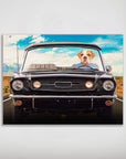 Personalized pet poster featuring a bulldog in a black classic convertible car on a desert road.