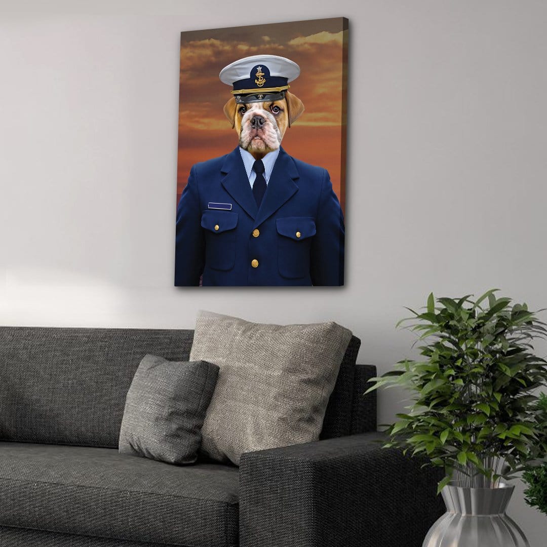 Personalized pet canvas featuring a bulldog in a blue Coast Guard uniform and white captain's hat.