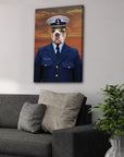 Personalized pet canvas featuring a bulldog in a blue Coast Guard uniform and white captain's hat.