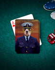 Personalized pet playing cards featuring a bulldog in a Coast Guard uniform portrait on a green felt table.