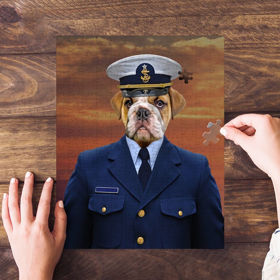 Personalized Coast Guard pet puzzle featuring a bulldog in a navy uniform against a sunset background.