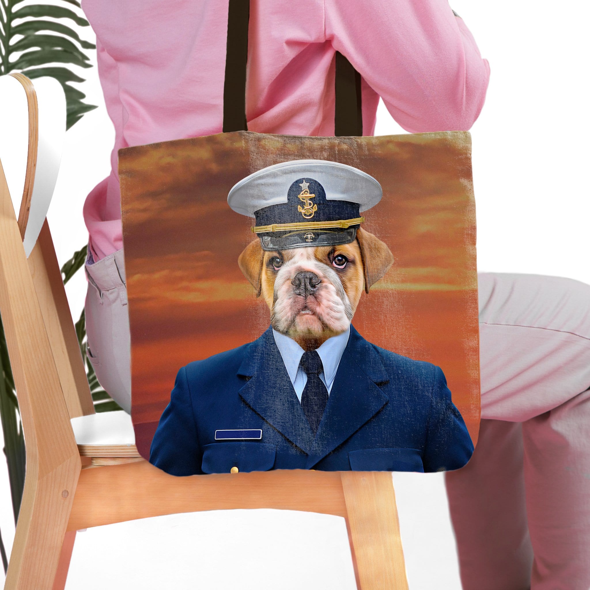 Personalized Coast Guard pet portrait tote bag featuring a bulldog in a navy uniform.