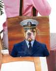 Personalized Coast Guard pet portrait tote bag featuring a bulldog in a navy uniform.