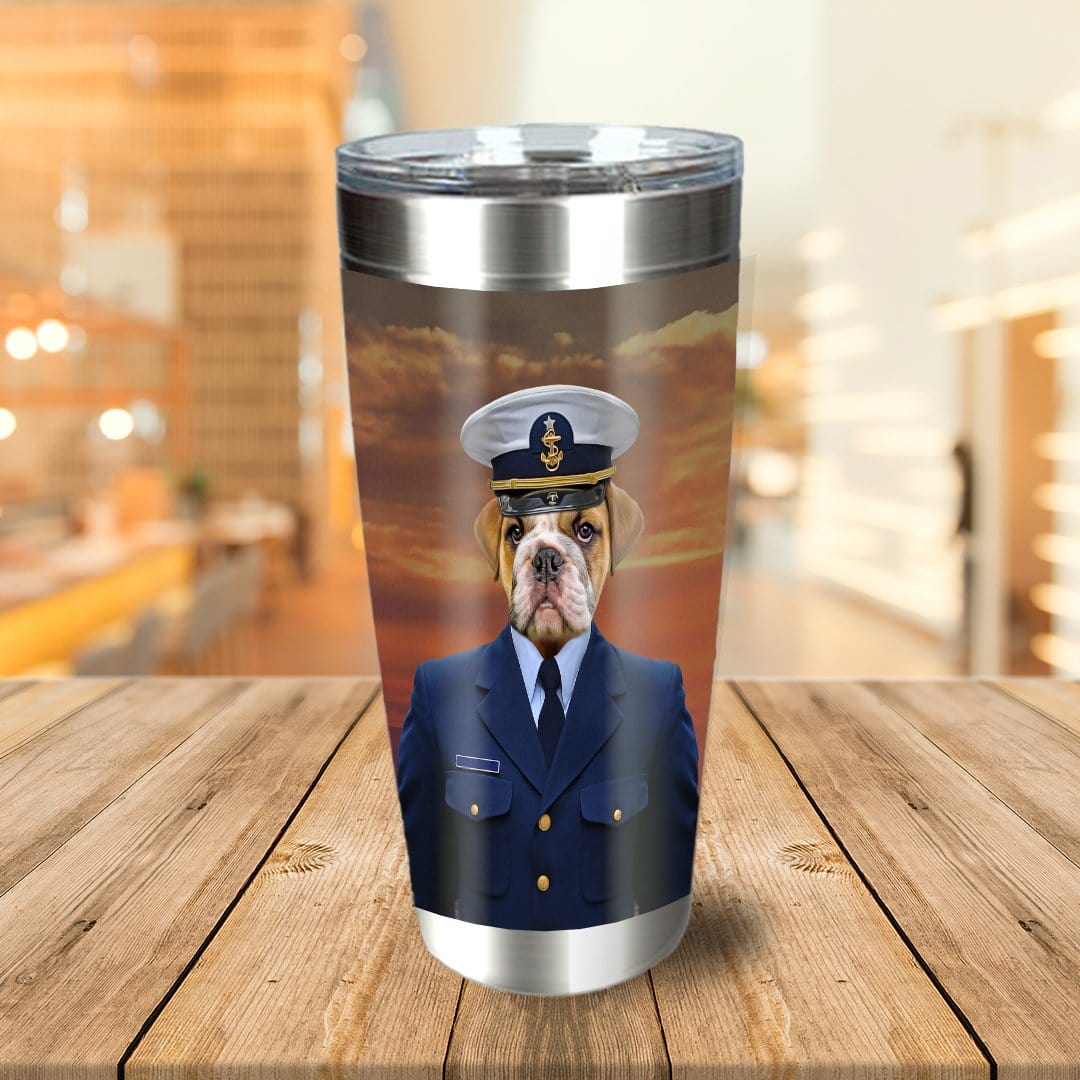 Personalized stainless steel tumbler with a bulldog pet portrait in a Coast Guard uniform against a sunset.