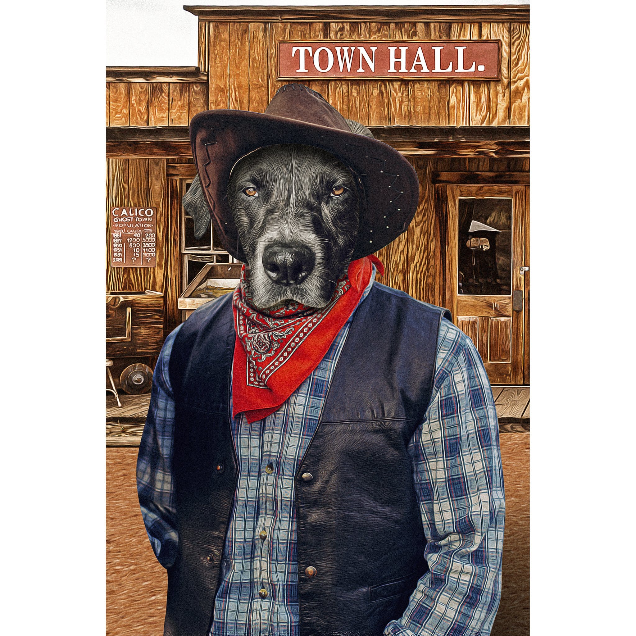 Custom digital portrait of a black dog dressed as a cowboy in front of a Town Hall.