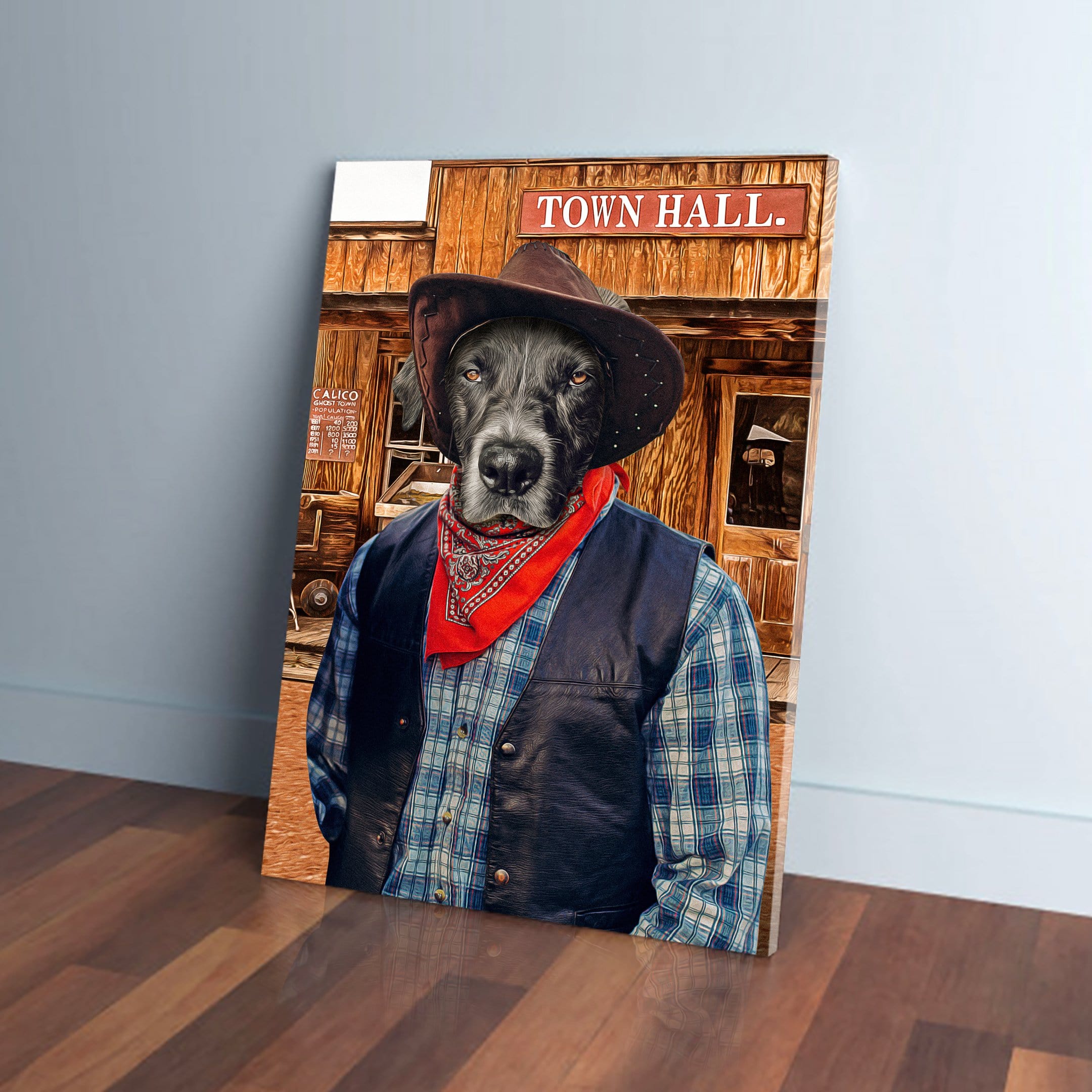 Custom pet portrait canvas featuring a black dog in a cowboy hat, red bandana, and plaid shirt with a vest, standing before a "Town Hall" building.