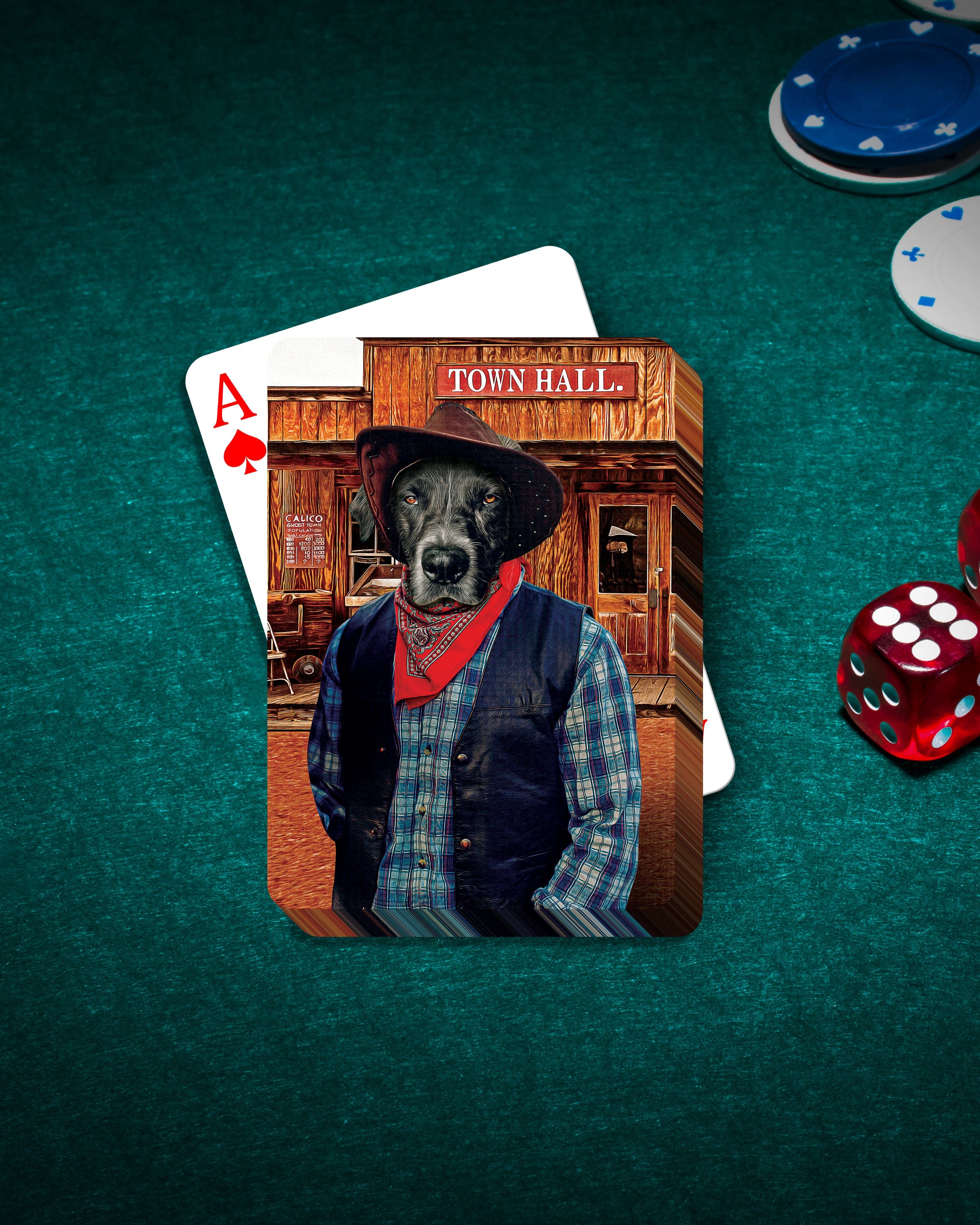 Personalized playing card featuring a black dog in a cowboy hat and vest in front of a town hall.
