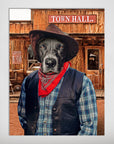 Personalized pet poster featuring a black dog as a cowboy in a brown hat, red bandana, and plaid shirt in front of a wooden town hall.