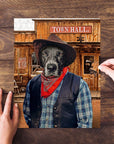 Personalized pet puzzle featuring a black dog in a cowboy hat and vest in front of a Town Hall.