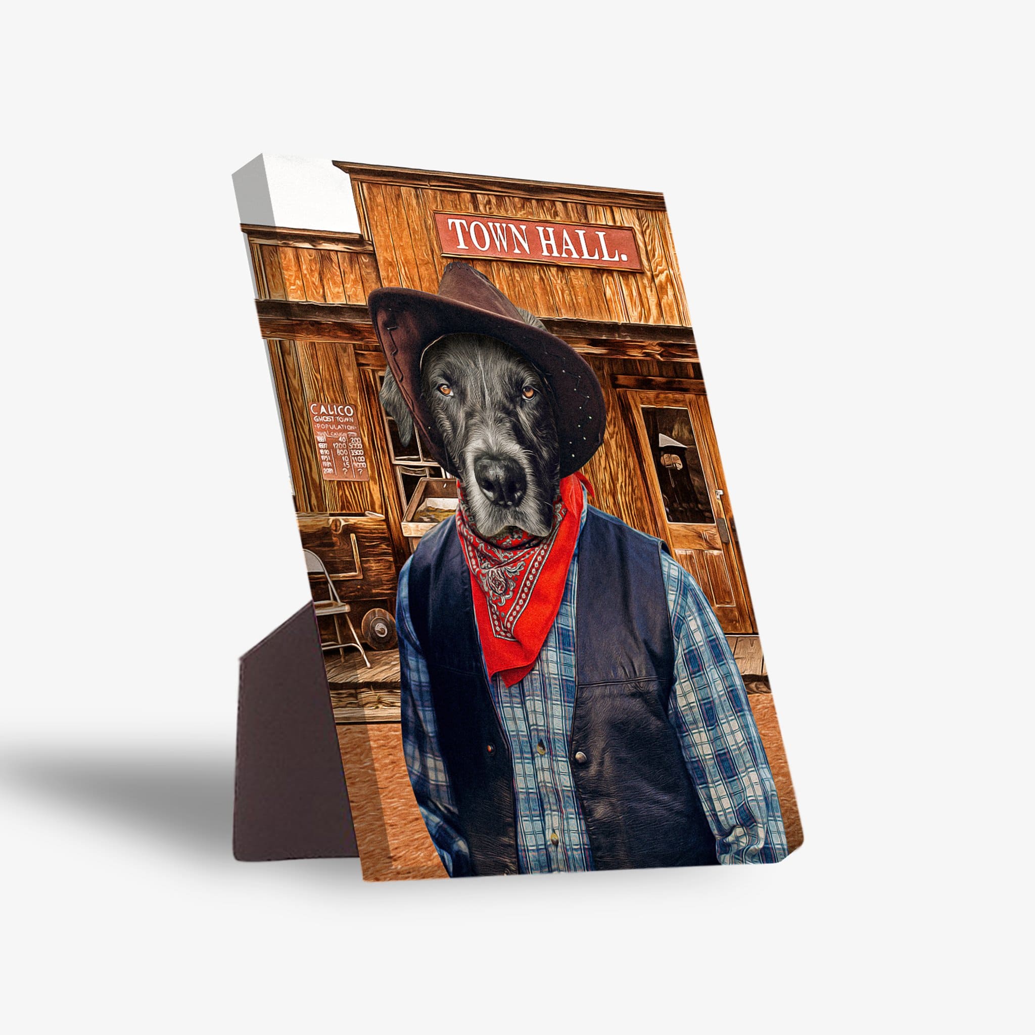 Personalized pet standing canvas featuring a black dog in a cowboy hat and bandana, in front of a wooden "Town Hall.