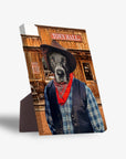 Personalized pet standing canvas featuring a black dog in a cowboy hat and bandana, in front of a wooden "Town Hall.