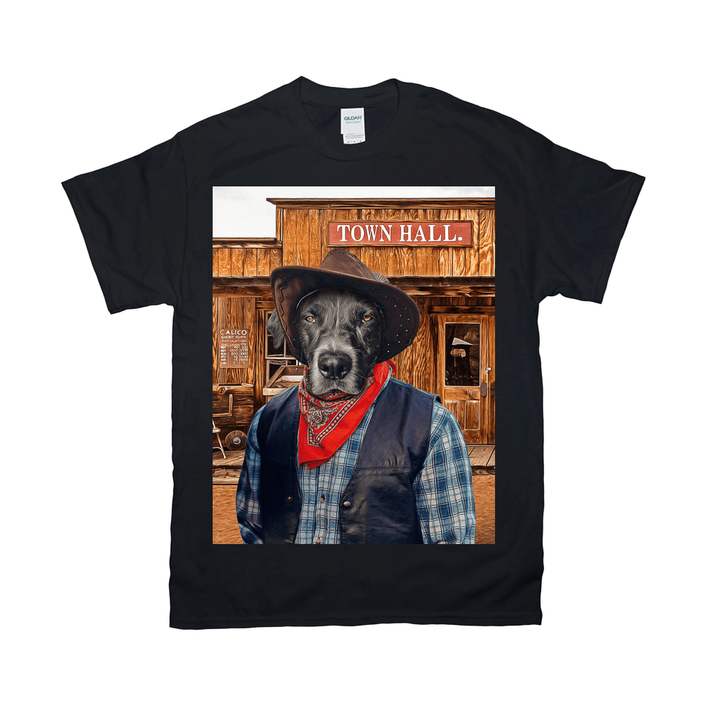 Black Gildan t-shirt featuring a personalized graphic of a black dog dressed as a cowboy in front of Town Hall.