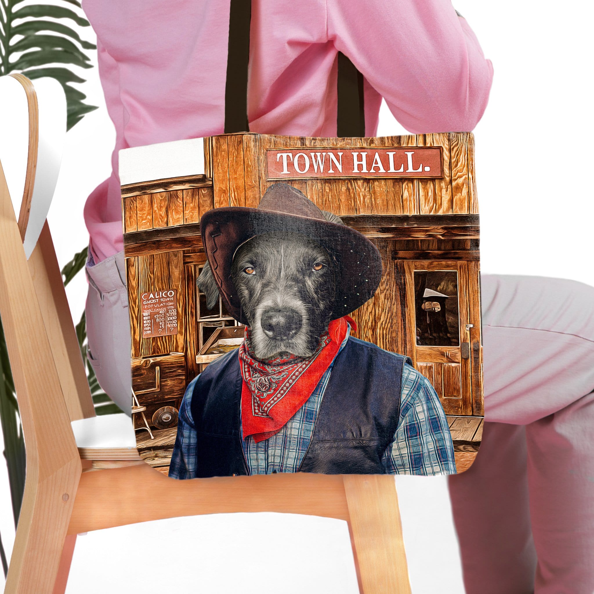 Personalized "Cowboy" tote bag with a custom pet portrait of a black dog in a western hat and bandana.