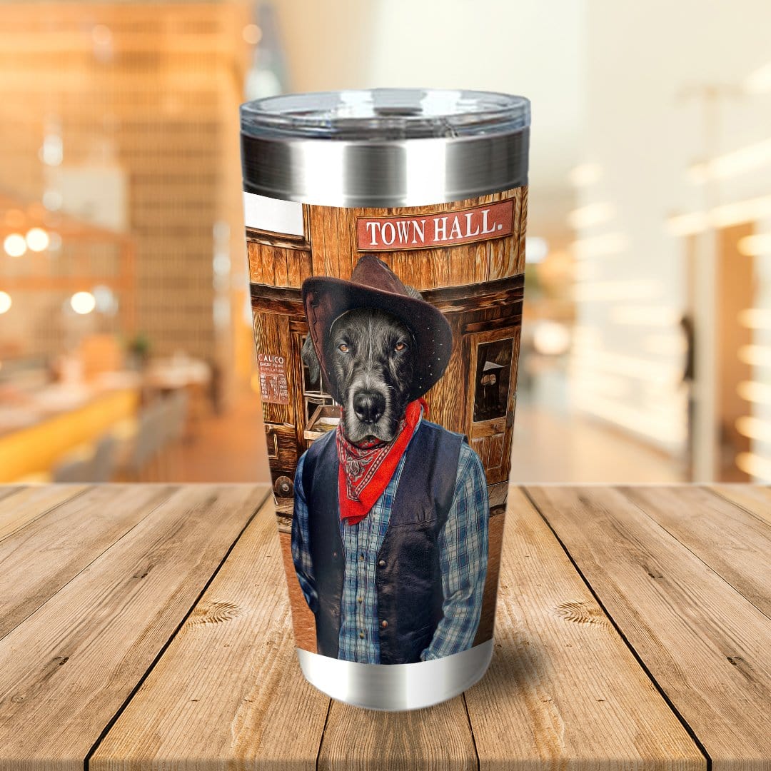 Personalized stainless steel tumbler with a custom cowboy dog portrait.