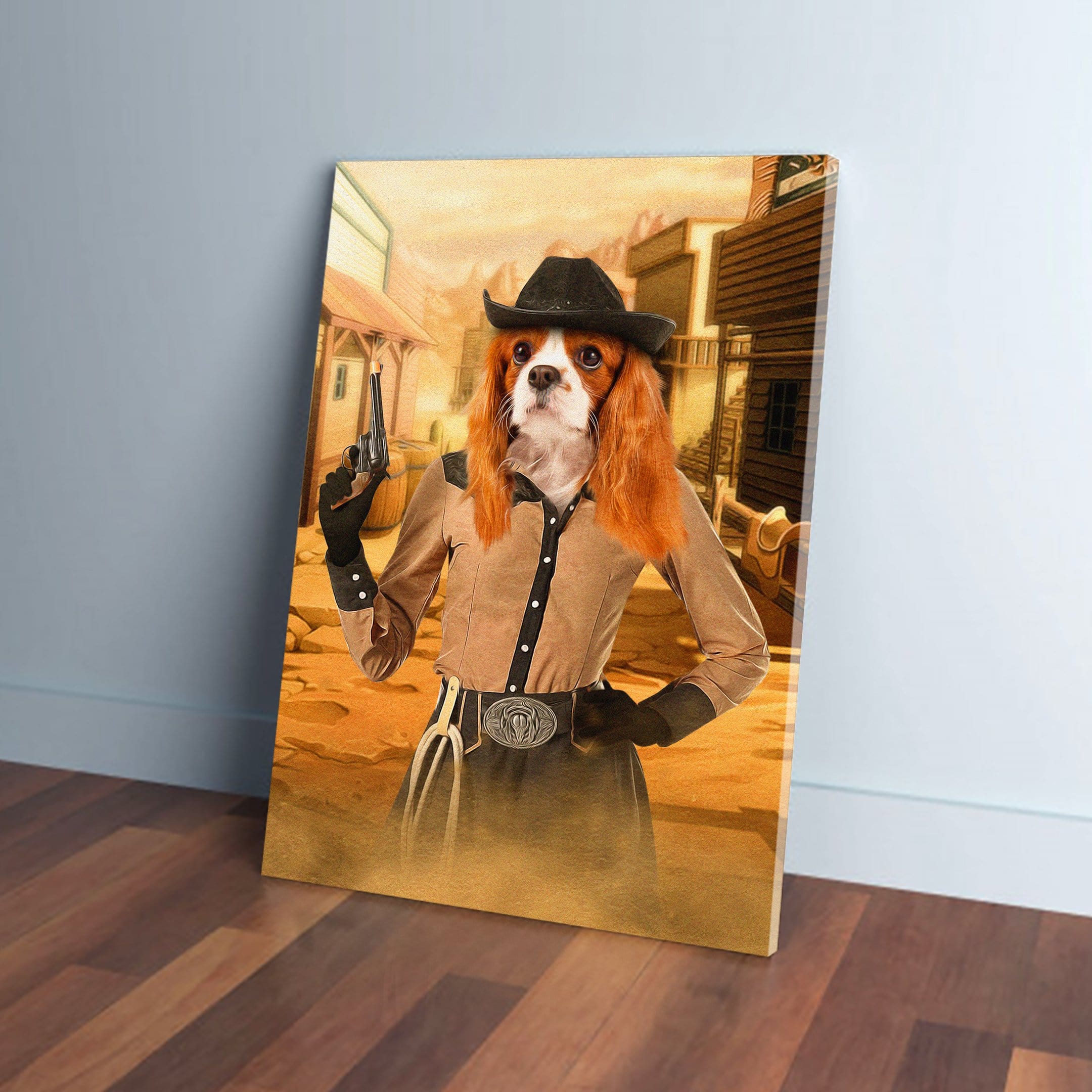 Personalized 'Cowgirl' pet canvas featuring a Cavalier King Charles Spaniel in a Western town.