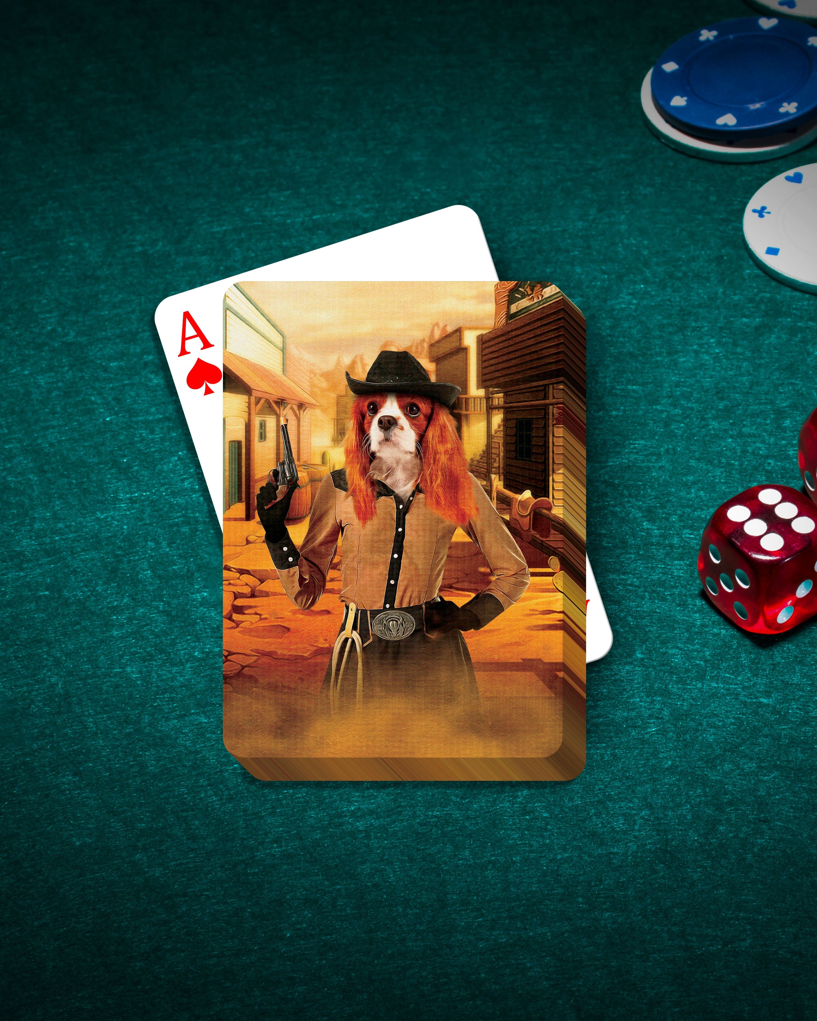 Personalized playing cards featuring a Cavalier King Charles Spaniel as a cowgirl on a green felt table.