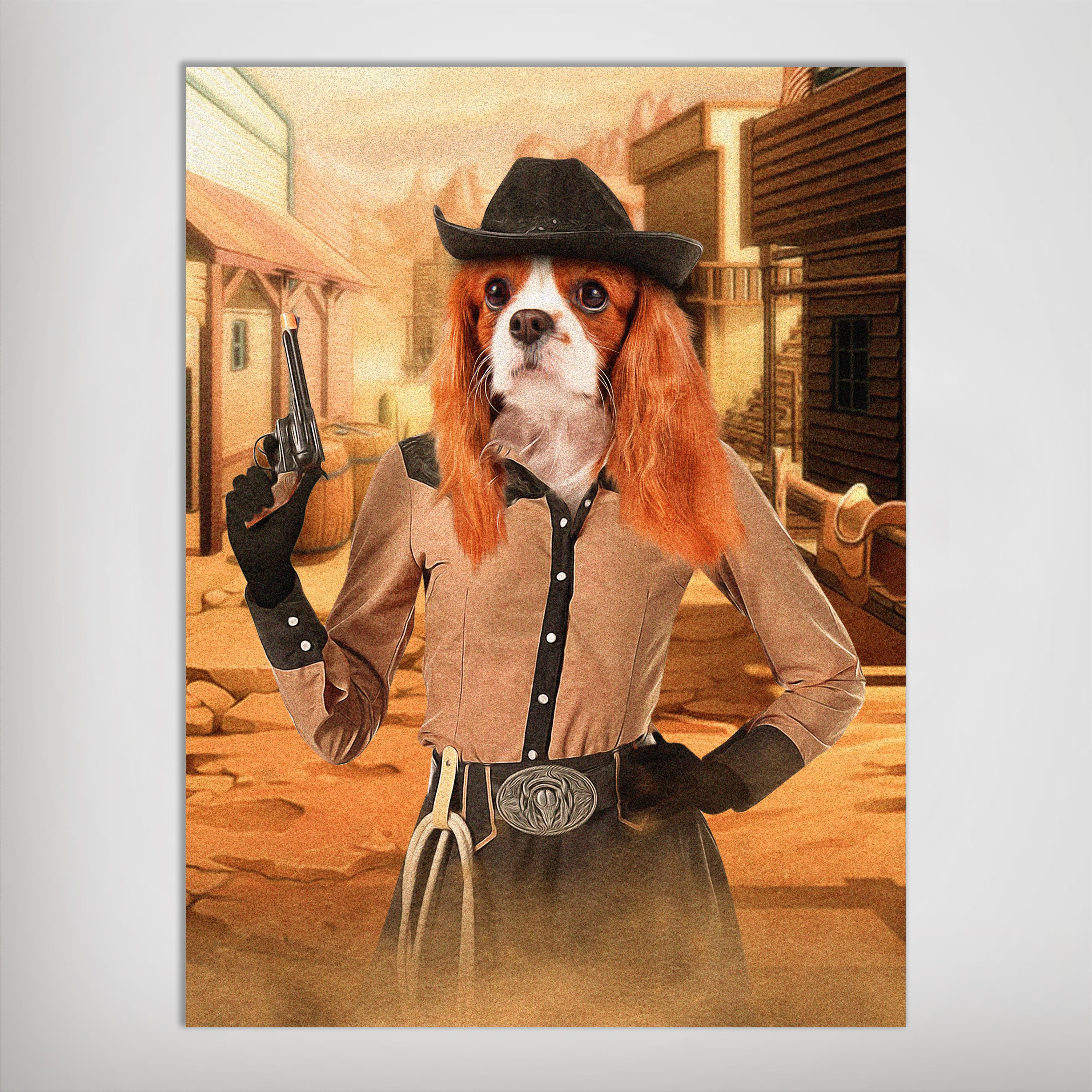 Personalized "The Cowgirl" pet poster featuring a Cavalier King Charles Spaniel in a Western town, wearing a brown shirt, black hat, and holding a revolver.