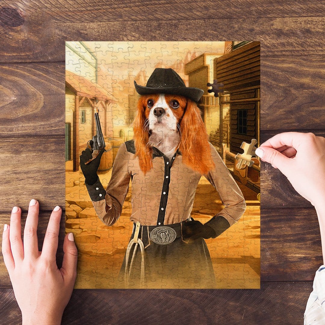 Personalized pet puzzle featuring a Cavalier King Charles Spaniel as a cowgirl in a Western setting.