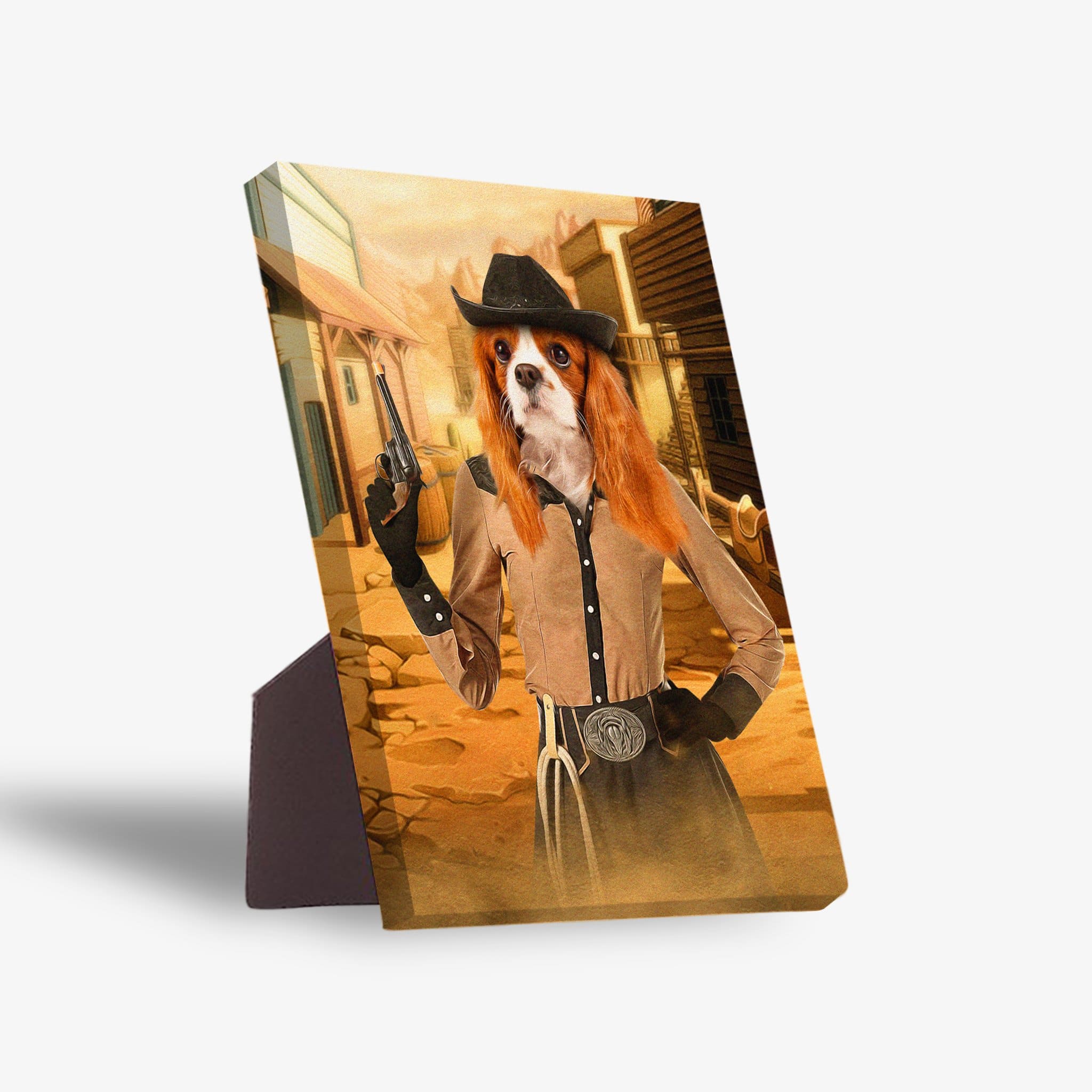 Personalized pet standing canvas featuring a Cavalier King Charles Spaniel as a cowgirl in a western town.