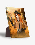 Personalized pet standing canvas featuring a Cavalier King Charles Spaniel as a cowgirl in a western town.