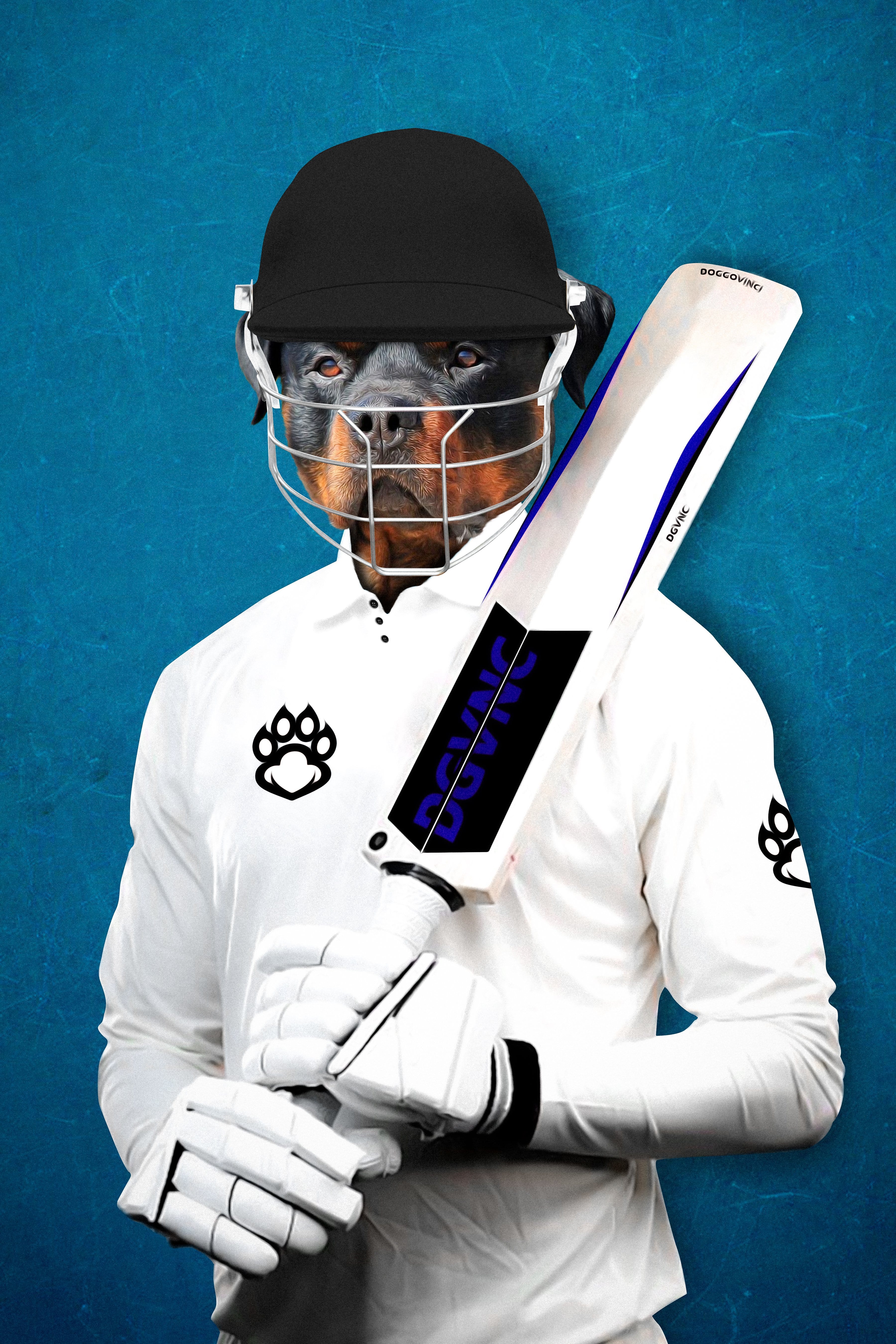 Custom digital portrait of a Rottweiler pet in a white cricket uniform, helmet, and holding a bat.