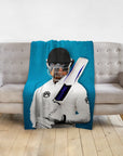 Custom pet portrait blanket featuring a Rottweiler dog as a cricket player on a blue background.
