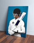 Personalized pet canvas featuring a Rottweiler's head on a cricket player's body, holding a bat against a blue background.