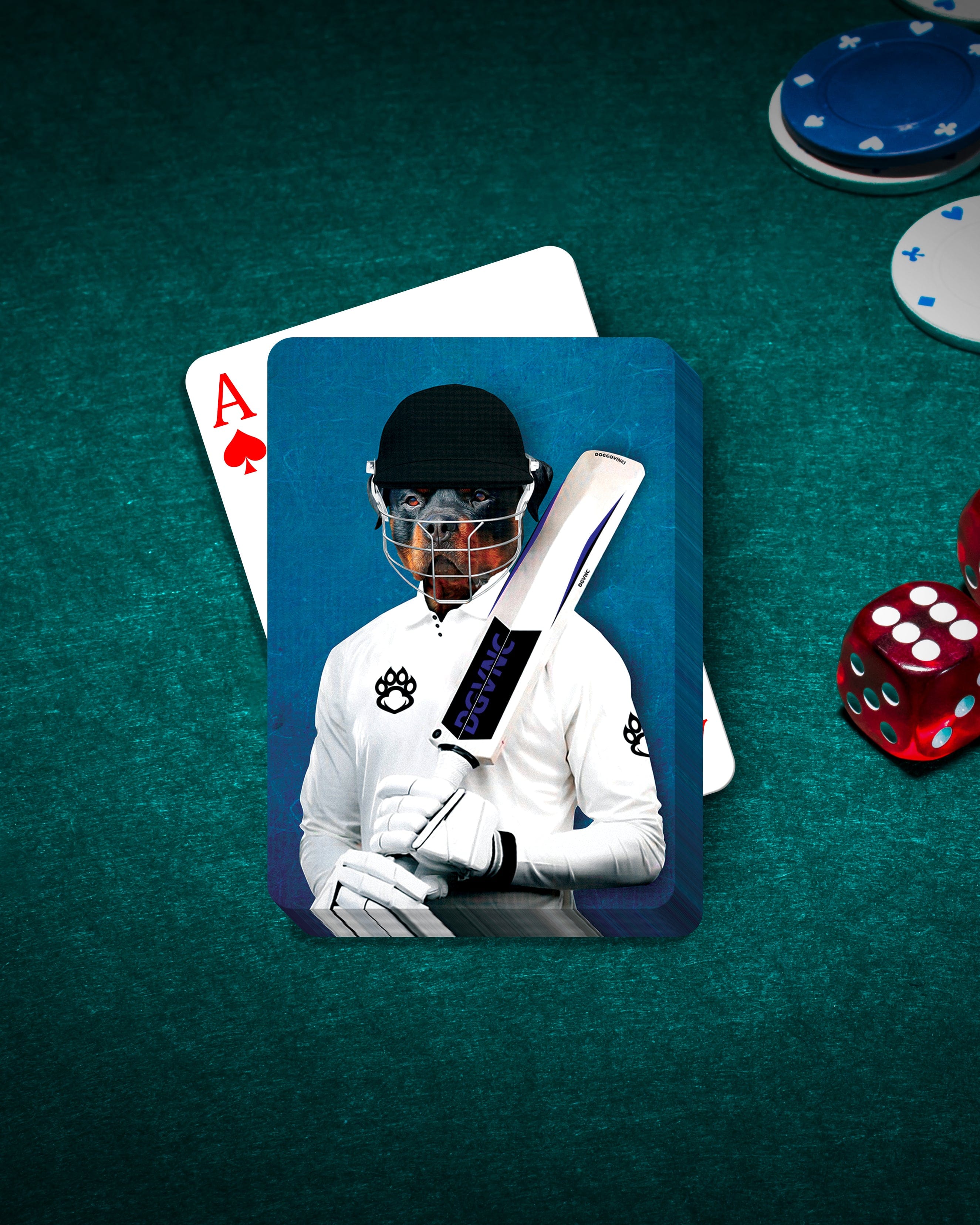 Custom pet portrait playing cards featuring a dog in a cricket player uniform.