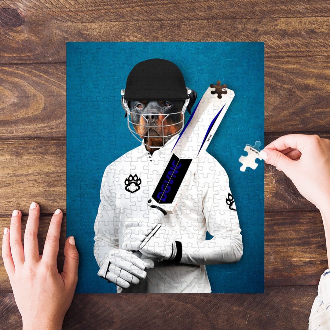 Personalized pet puzzle featuring a Rottweiler dog as a cricket player on a blue background.