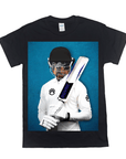 Black Gildan unisex t-shirt with a dog's face on a cricket player's body holding a bat.