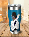 Personalized stainless steel tumbler with a custom pet portrait of a dog dressed as a cricket player.