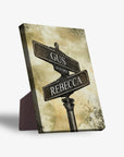 Personalized pet standing canvas with street signs for "GUS" and "REBECCA" and date "11-11-2021".