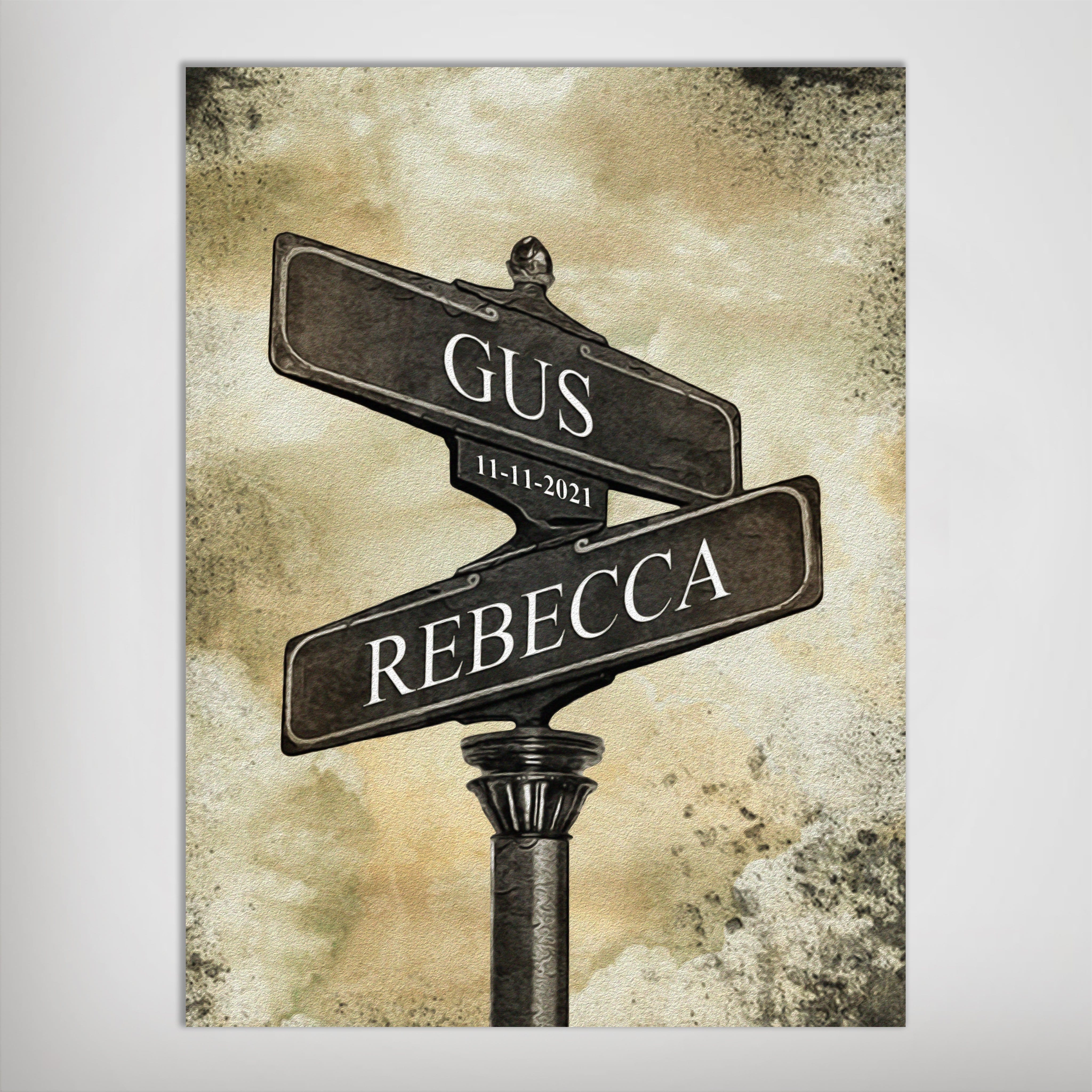 Personalized 'The Day We Met' poster featuring two street signs with names "GUS" and "REBECCA" and date "11-11-2021" on a vintage-style background.