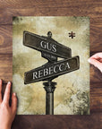 Personalized puzzle with names Gus and Rebecca, and date 11-11-2021 on a street sign design.