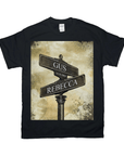 Black Gildan t-shirt with a vintage-style street sign design featuring "GUS" and "REBECCA" with a date.