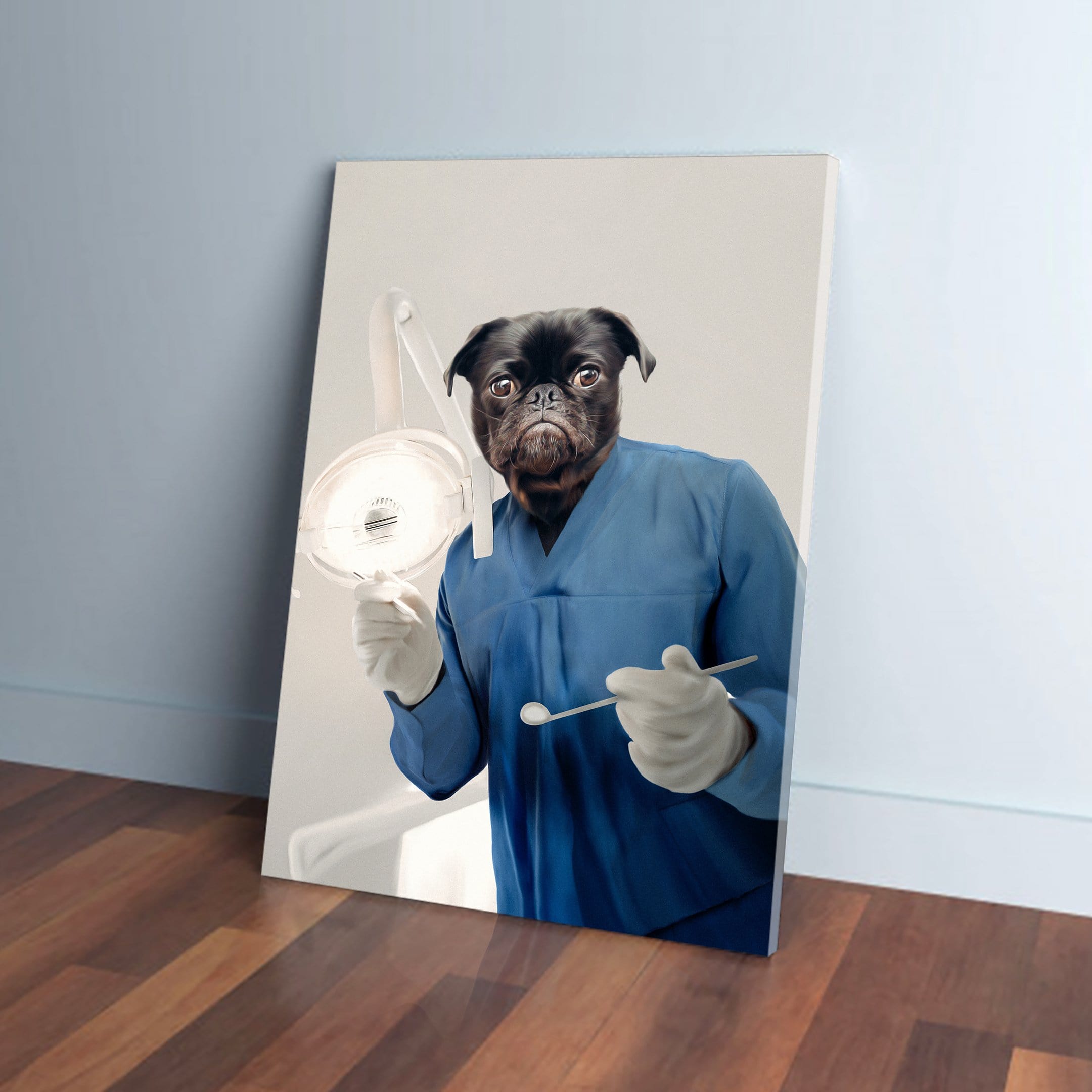 Personalized pet canvas featuring a black pug dressed as a dentist in blue scrubs, holding dental tools.