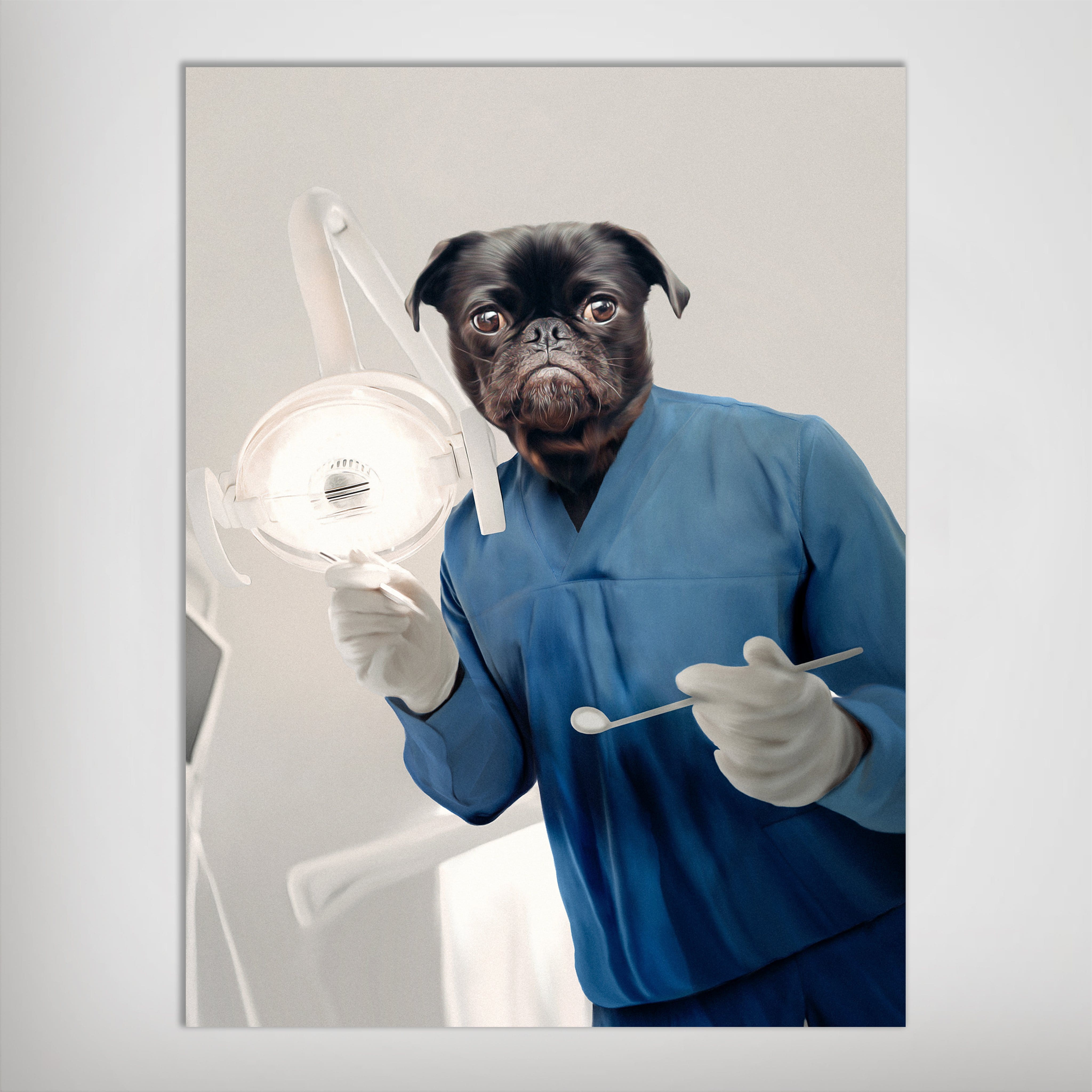 Custom 'The Dentist' pet portrait poster featuring a black pug in blue scrubs holding dental tools under a bright light.