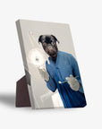 Personalized pet standing canvas featuring a pug dressed as a dentist in blue scrubs, holding a light and tool.