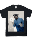 Black Gildan t-shirt featuring a pug in blue scrubs holding dental tools under a light.