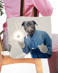 Personalized tote bag with a custom pet portrait of a pug dressed as a dentist in blue scrubs.