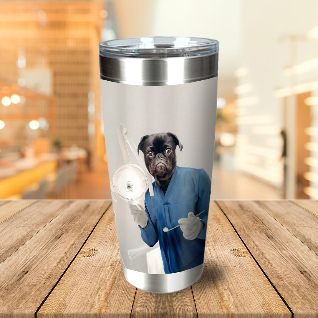 Personalized stainless steel tumbler with a custom portrait of a black pug dressed as a dentist.