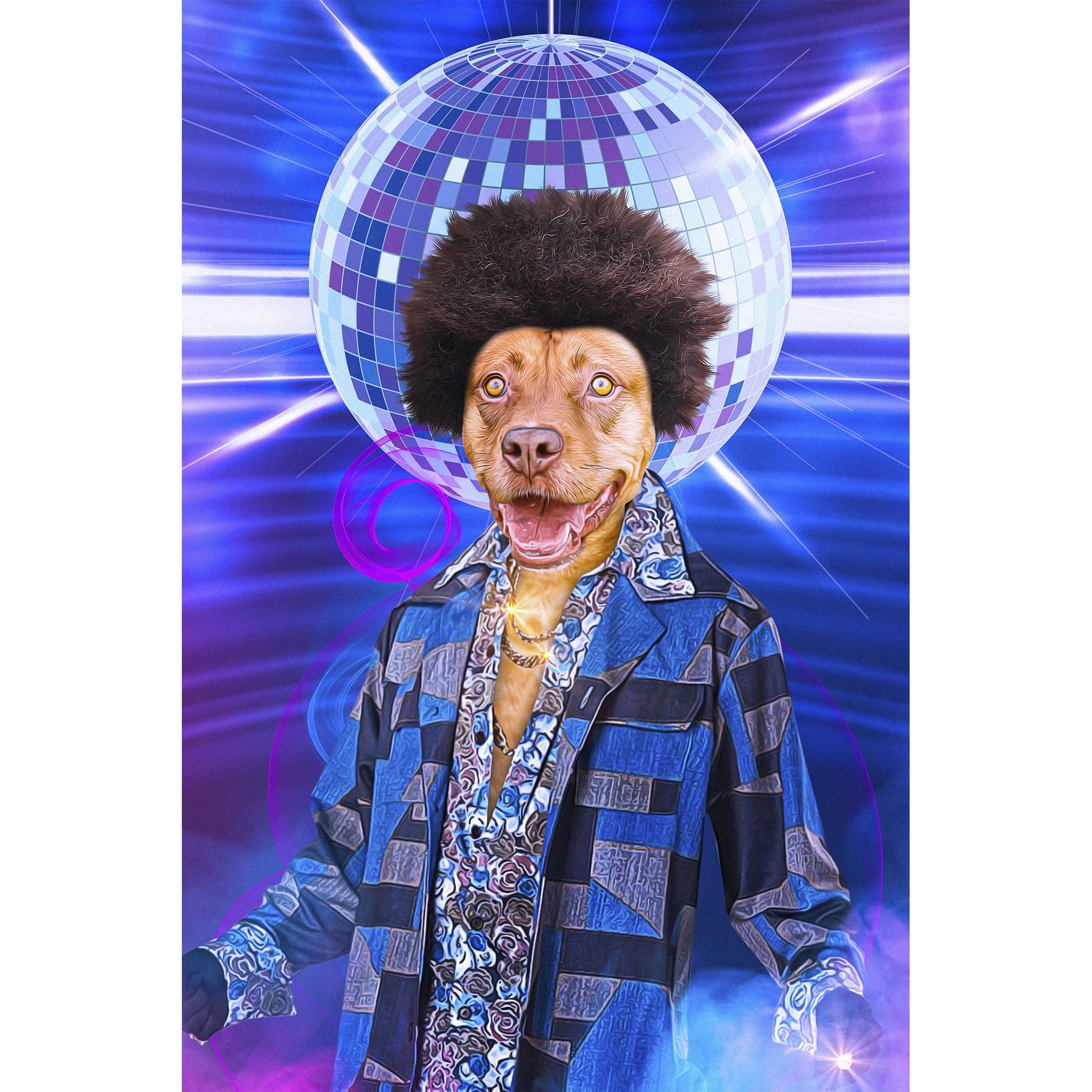 Personalized Disco Doggo digital portrait featuring a dog with an afro, disco outfit, and glitterball.