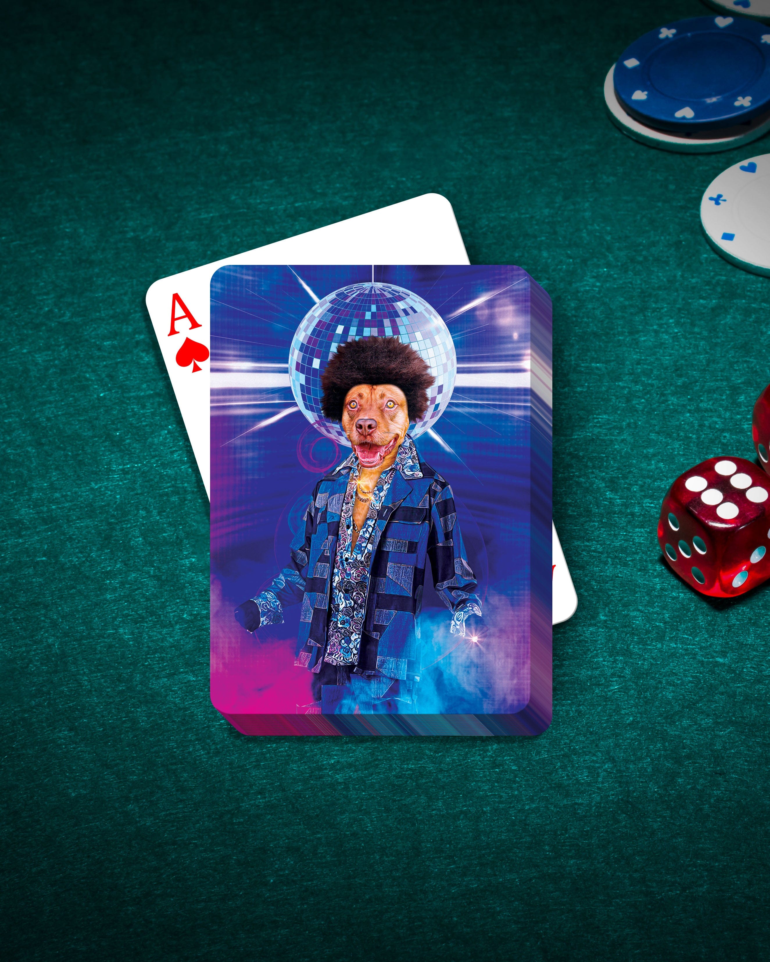 Custom personalized pet playing cards featuring a dog in a disco outfit with a mirror ball.