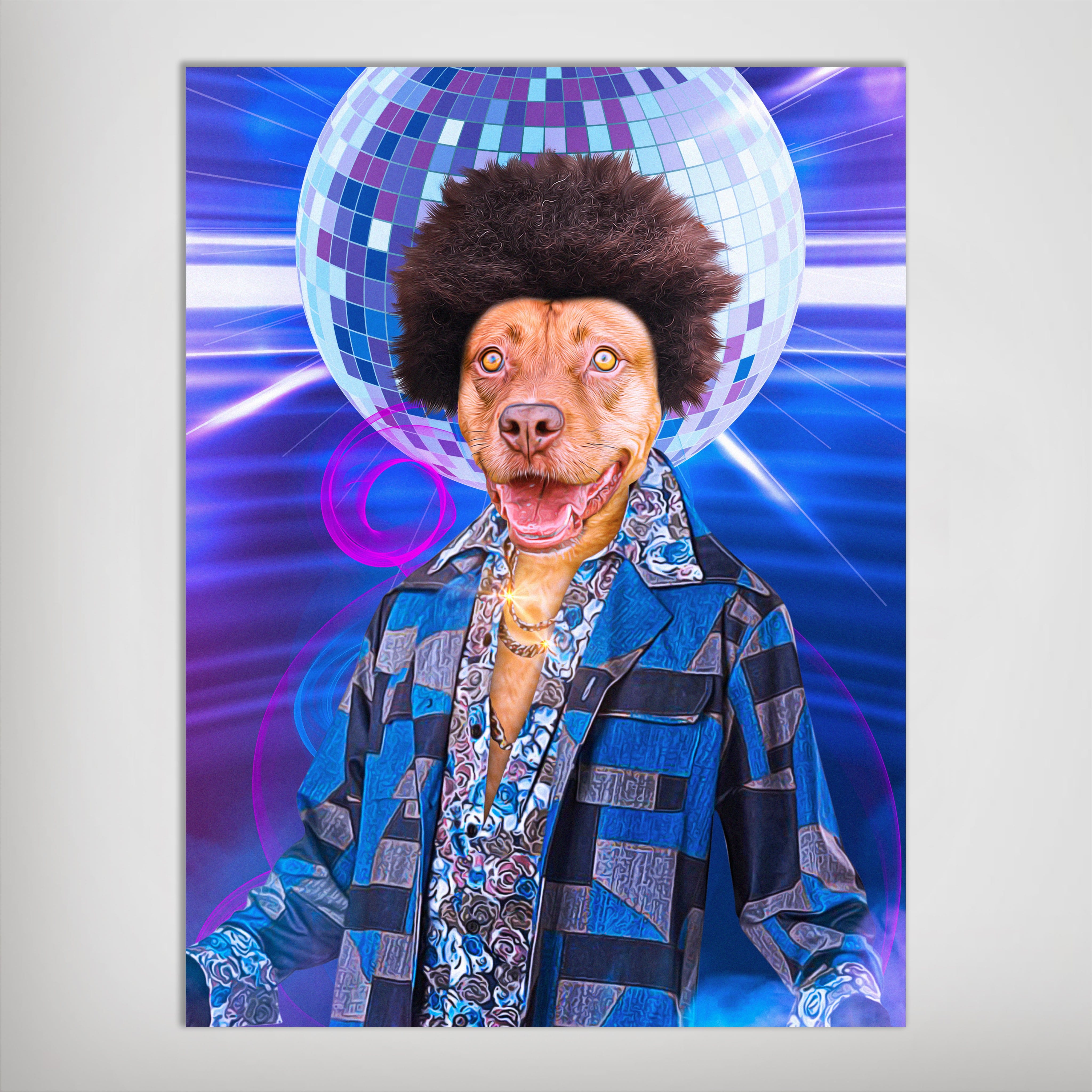 Personalized pet poster featuring a dog with an afro, disco outfit, and a mirrored disco ball background.