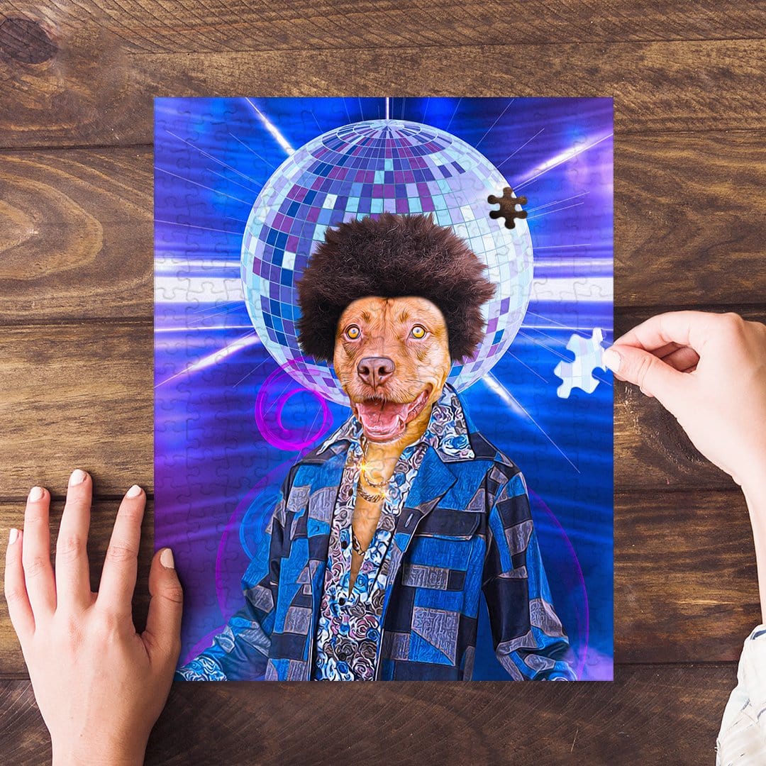 Personalized 'Disco Doggo' pet puzzle featuring a dog in a disco outfit with a mirror ball.