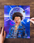Personalized 'Disco Doggo' pet puzzle featuring a dog in a disco outfit with a mirror ball.