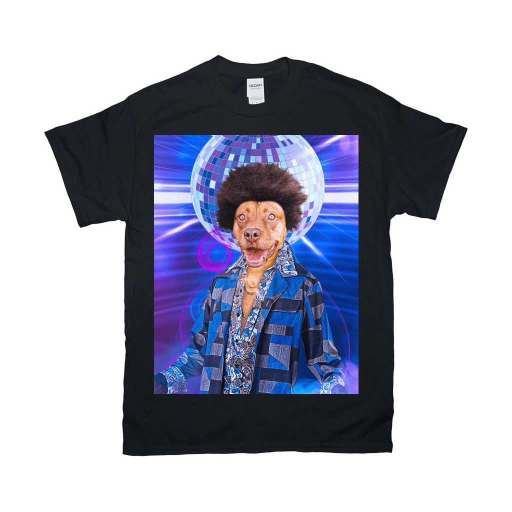 Black Gildan t-shirt featuring a dog with an afro, disco outfit, and a disco ball background.